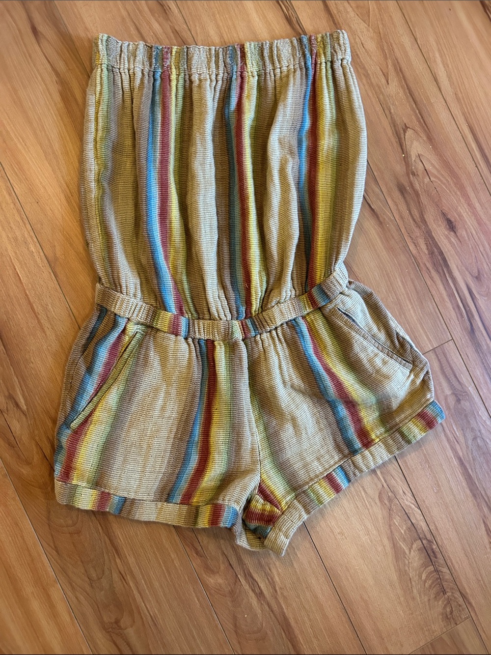 Obey Multicolor Striped Strapless Romper - Tan, Blue, Red, Yellow